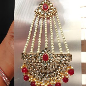 Traditional Kundan & Pearl Maang Tikka with Red Stone Beads